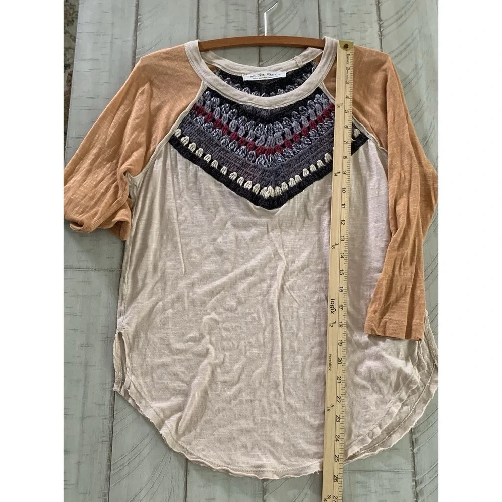 We the Free People Spring Bound Crochet Yoke Linen Blend Top Boho Women's SZ - S